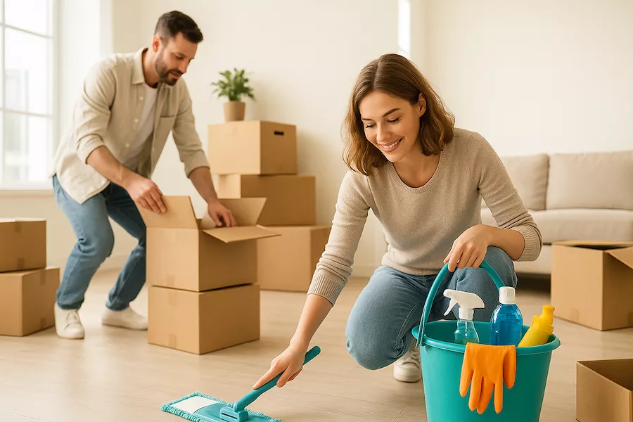 “Personer packar och städar bland flyttlådor i ljus bostad – symboliserar flytt och städning som en del av livsomställning och nystart med fokus på förändring och balans”